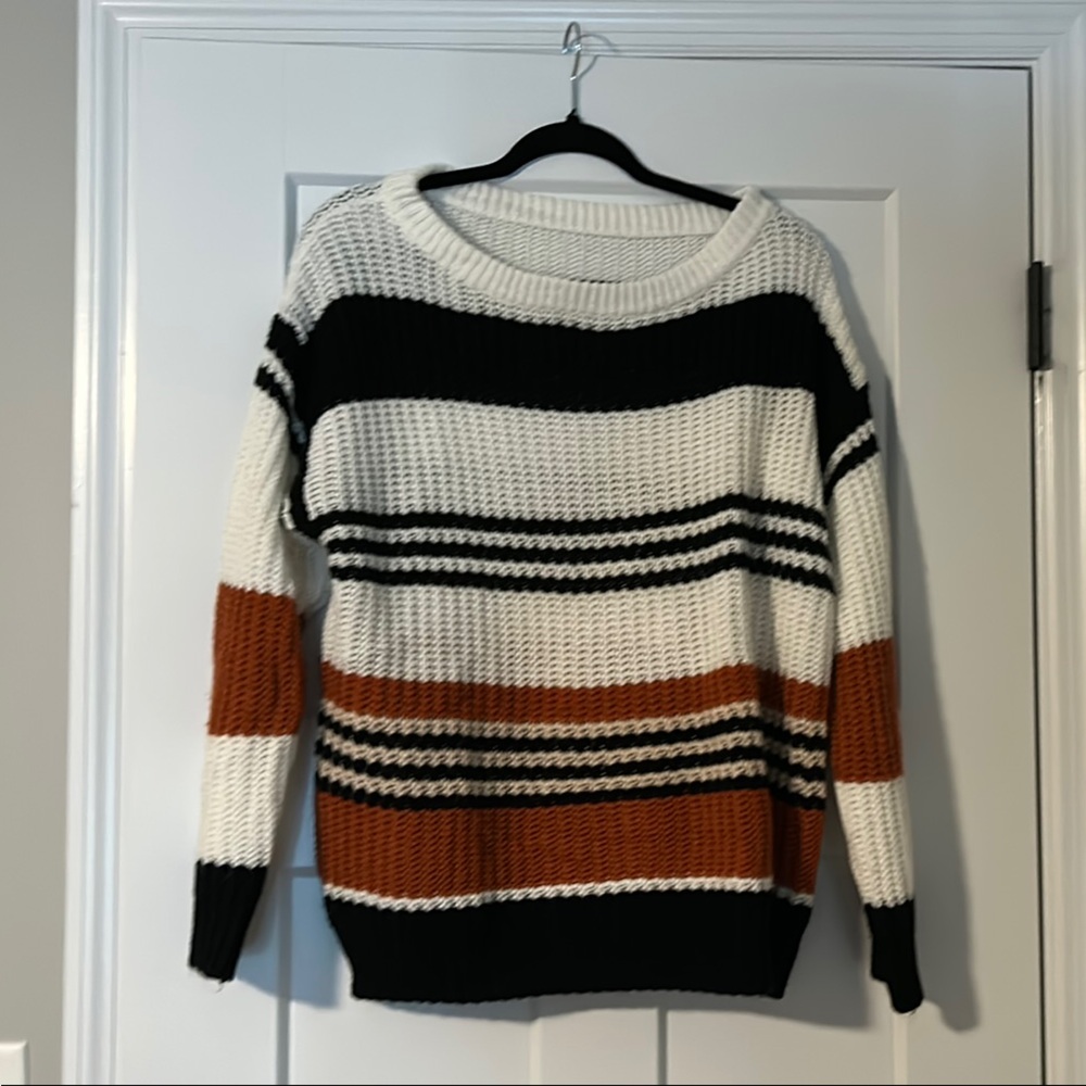 Striped Black, White, and Brown Women’s Sweater